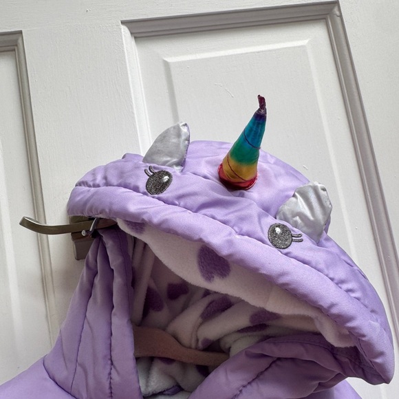 NWOT Carter's 3T Girls Purple Unicorn Snow Suit Puffer Jacket for Kids wit Horn - Picture 2 of 6